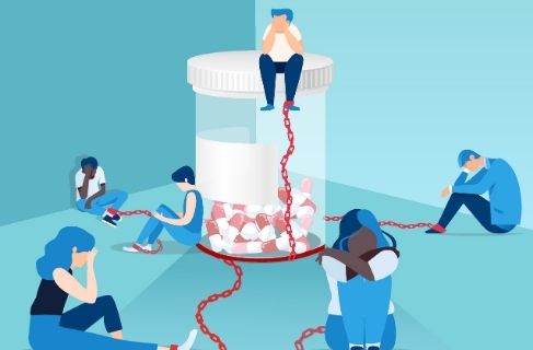 illustration of people chained to a pill bottle